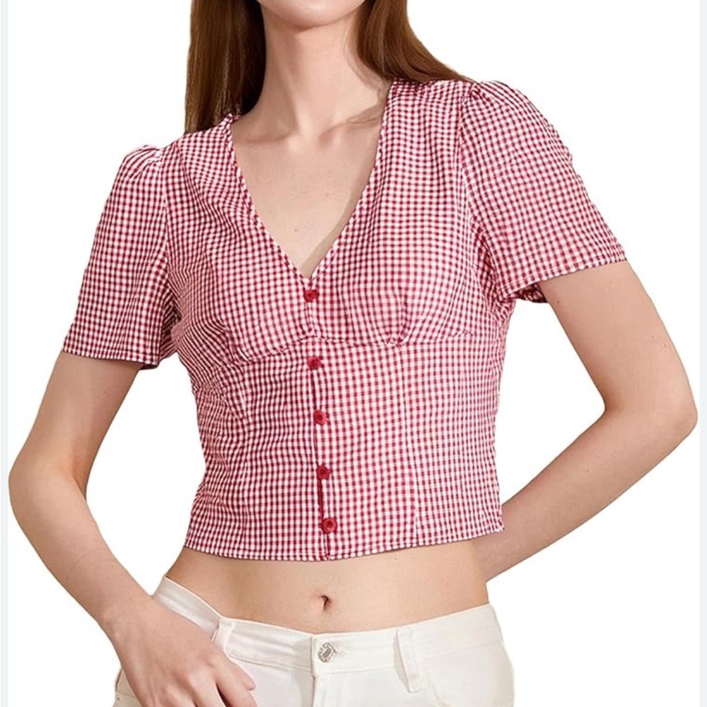 Red Gingham V-Neck Button-Up Top